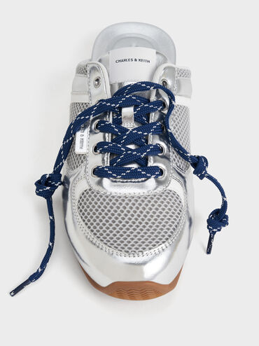 Metallic Mesh Patterned-Lace Slip-On Sneakers, Silver, hi-res