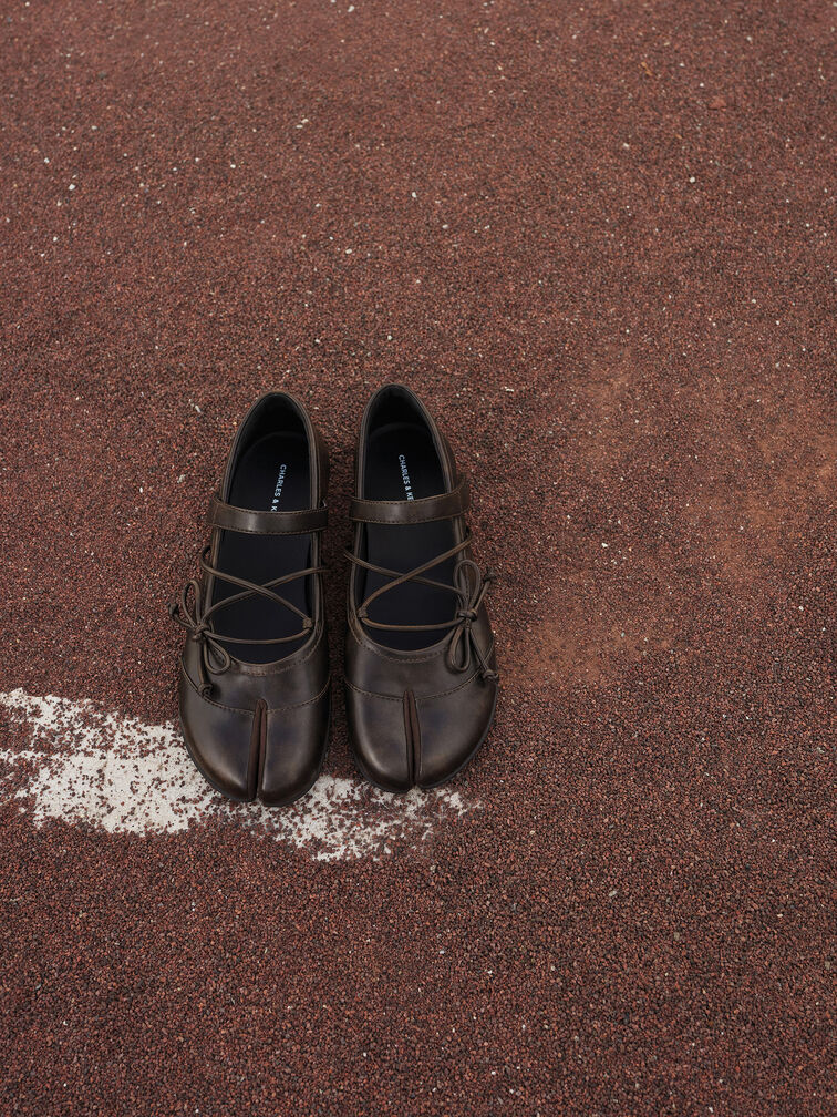 Aether Lace-Up Split-Toe Mary Jane Flats, Brown, hi-res