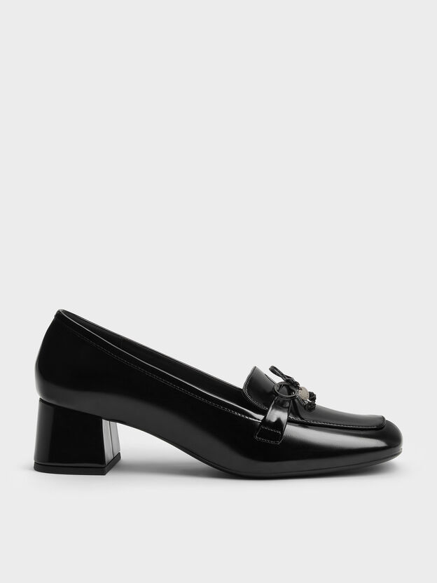 Circle-Charm Bow Loafer Pumps, Black Box, hi-res