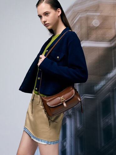 Bryna Belted Shoulder Bag, Dark Brown, hi-res