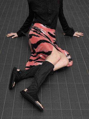 Loren Mesh Cut-Out Boot Sandals, Black Textured, hi-res