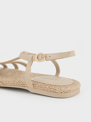 Strappy Raffia T-Bar Ankle-Strap Sandals, Taupe, hi-res