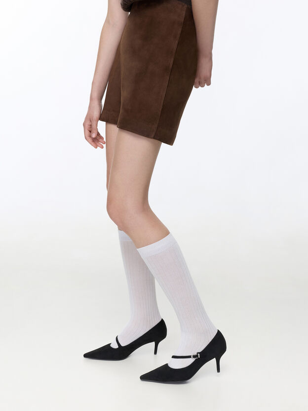 Faux Suede Asymmetric-Strap Pumps, Black Textured, hi-res