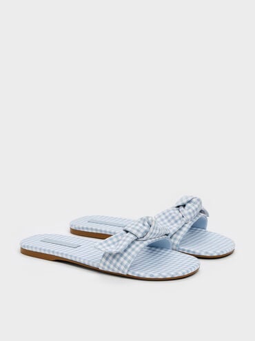 Anika Gingham Knot-Bow Slides, Light Blue, hi-res