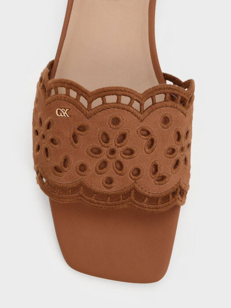 Leather Embroidered Slide Sandals, Cognac, hi-res