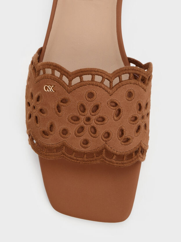 Leather Embroidered Slide Sandals, Cognac, hi-res