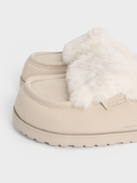Textured Fur-Trim Flatform Mules, Beige, hi-res