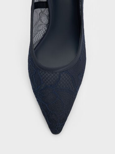 Lace & Satin Stiletto Pumps, Dark Blue, hi-res