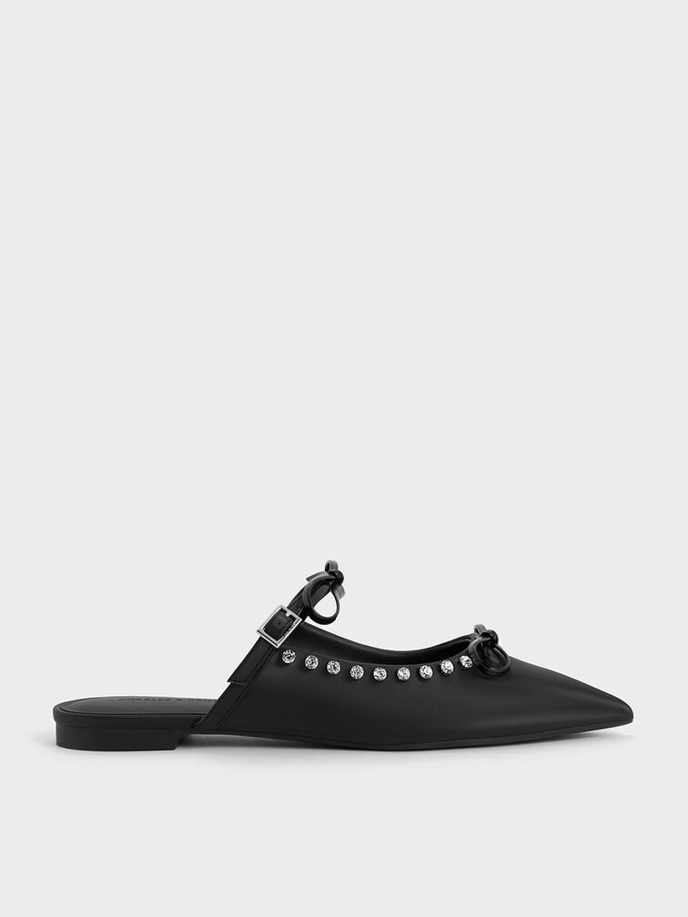 Gem-Embellished Double-Bow Pointed-Toe Mules, Black, hi-res