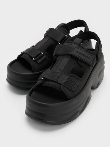 Elastane Flatform Sports Sandals, Black Textured, hi-res