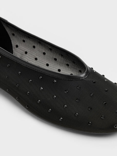 Mesh Crystal Ballet Flats, Black Textured, hi-res