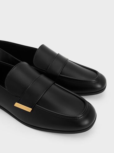 Almond-Toe Flat Loafers, Black, hi-res