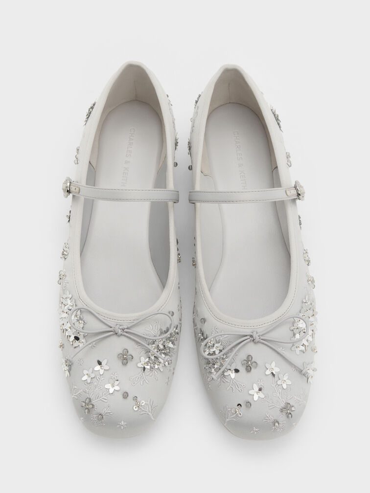 Sadira Satin Embroidered Sequinned Mary Jane Flats, Grey, hi-res