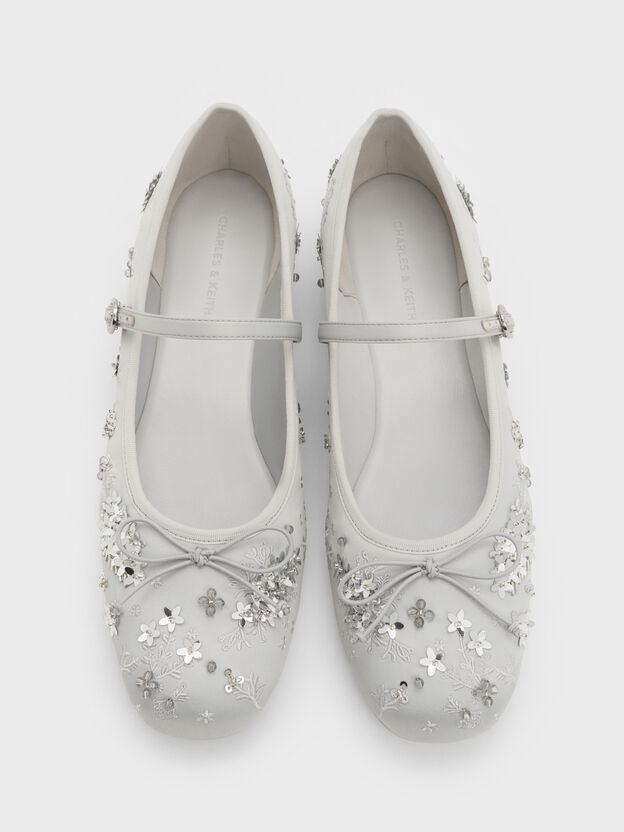 Sadira Satin Embroidered Sequinned Mary Jane Flats, Grey, hi-res