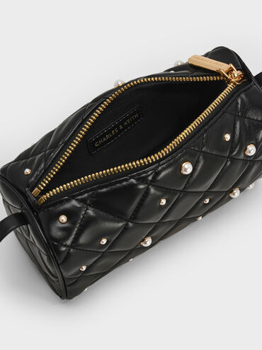 Janie Quilted Pearl Shoulder Bag, Black, hi-res