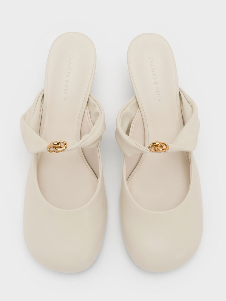 Metallic-Accent Twisted-Strap Heeled Mules, Chalk, hi-res