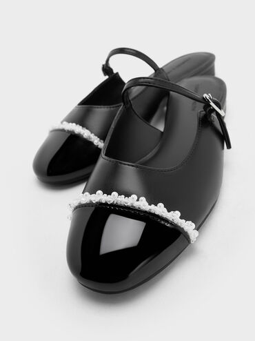Pearl-Embellished Cap-Toe Flat Mules, Black, hi-res