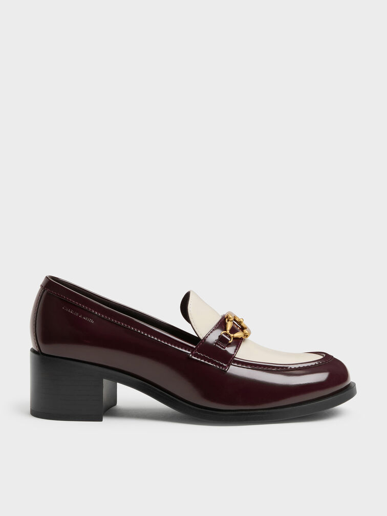 Two-Tone Metallic-Buckle Loafer Pumps, Burgundy, hi-res