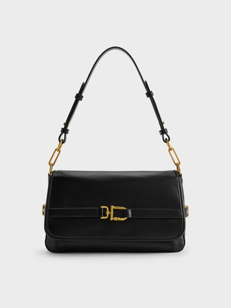 Gwynne Metallic-Buckle Belted Shoulder Bag, Black, hi-res