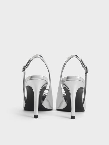 Metallic Bow Slingback Pumps, Silver, hi-res