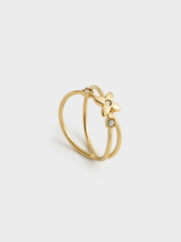Felicity Flower-Crystal Crossover Ring, Gold, hi-res