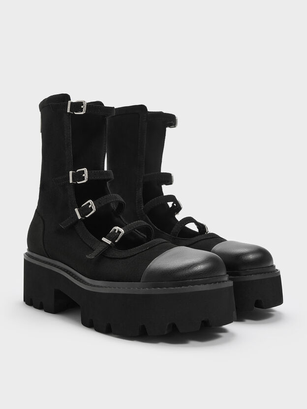 Celia Faux Suede Multi-Strap Calf Boots, Black Textured, hi-res