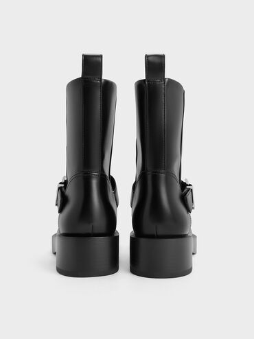 Buckle-Strap Biker Boots, Black, hi-res