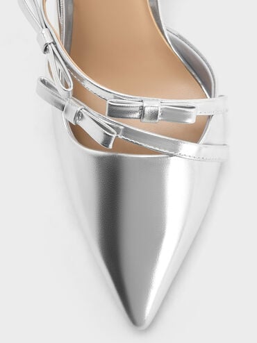 Jessy Metallic Leather Bow Slingback Pumps, Silver, hi-res