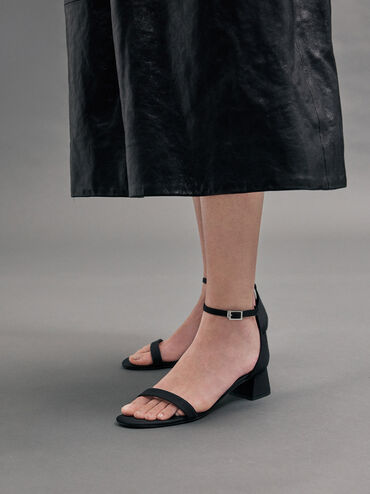Grosgrain Block-Heel Ankle-Strap Sandals, Black Textured, hi-res