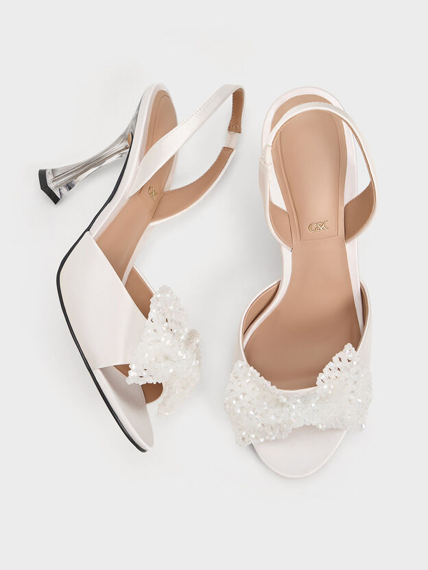 Beaded Bow Slingback Pumps, White, hi-res