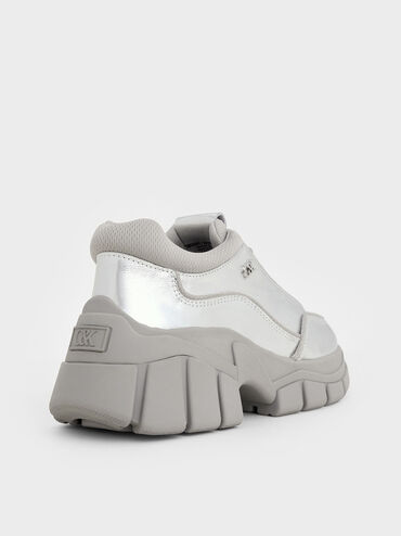 Yunna Metallic Leather & Recycled Fabric Chunky Sneakers, Silver, hi-res