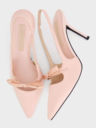 Satin Bow Pointed-Toe Slingback Pumps, Light Pink, hi-res