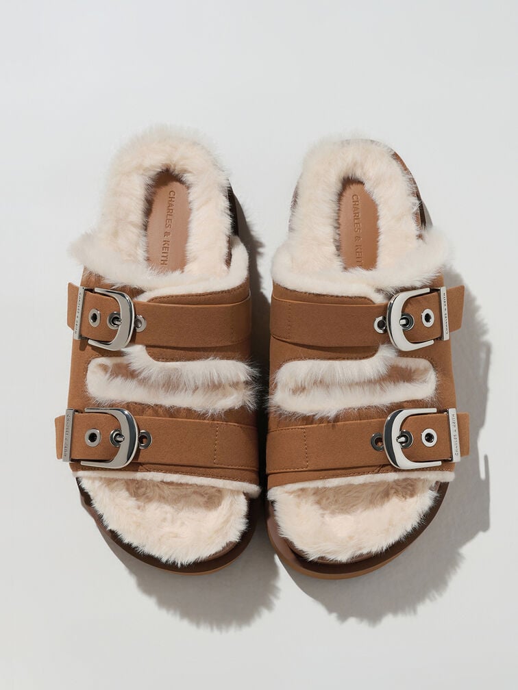 Hannah Furry Buckled Double-Strap Sandals, Brown, hi-res