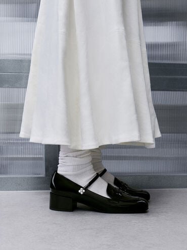 Patent Pearl-Embellished Flower-Buckle Mary Jane Loafers, Black Patent, hi-res