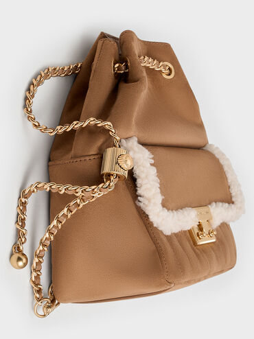 Donna Faux Suede Fur-Trim Backpack, Tan, hi-res