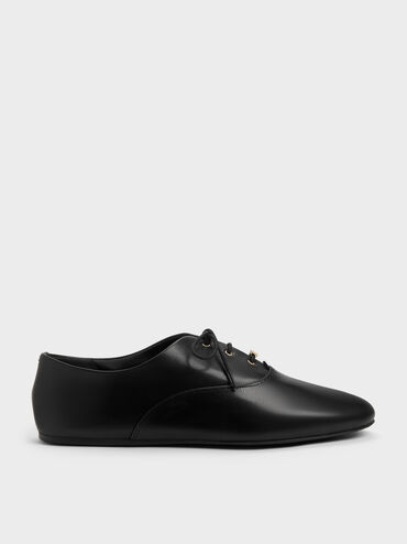 Pippa Leather Derby Flats, Black, hi-res