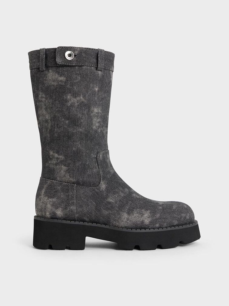 Denim Side-Zip Lug-Sole Calf Boots, Dark Grey, hi-res