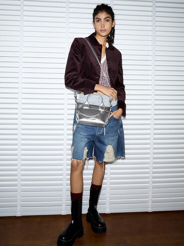 Atwood Crinkle-Effect Chain-Embellished Tote Bag, Silver, hi-res