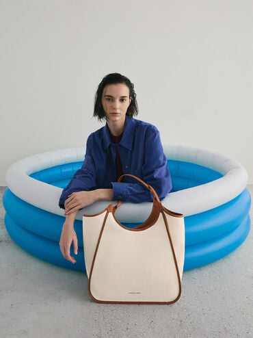 Sianna Canvas Contrast-Trim Tote Bag, Taupe Canvas, hi-res