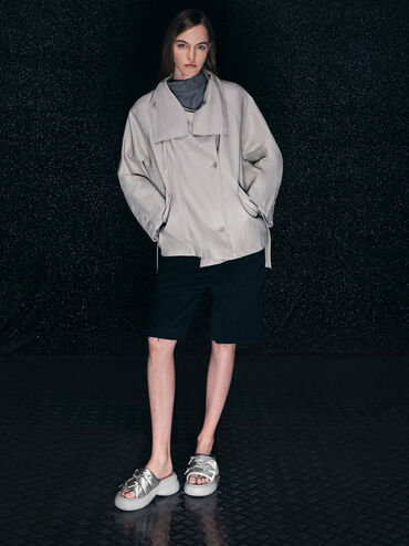 Recycled Polyester Bow Puffy Sports Sandals, Light Grey, hi-res