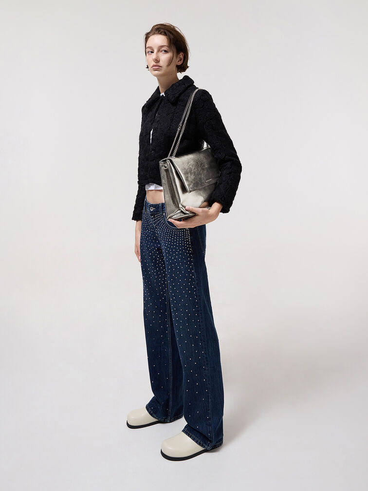 Sianna Metallic Crinkle-Effect Chain-Handle Shoulder Bag, Pewter, hi-res