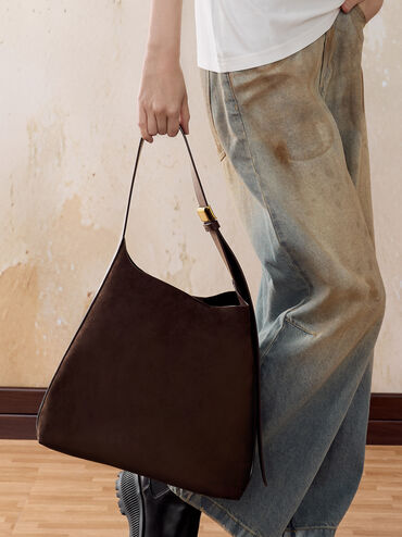 Edna Recycled Suede Tote Bag, Espresso Brown, hi-res
