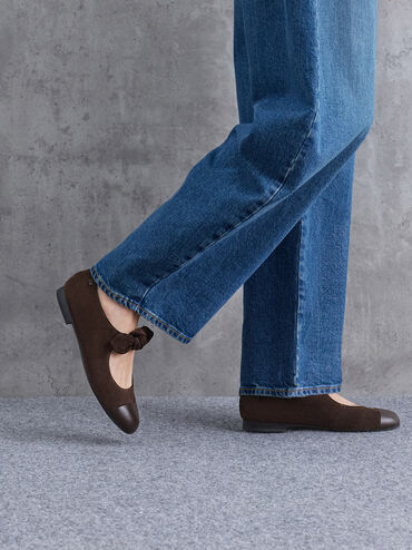 Suede & Leather Mary Janes, Dark Brown Textured, hi-res