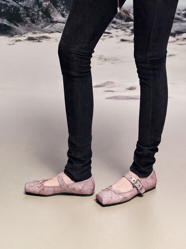 Myler Crinkle-Effect Bow Square-Toe Buckled Mary Janes, Pink, hi-res