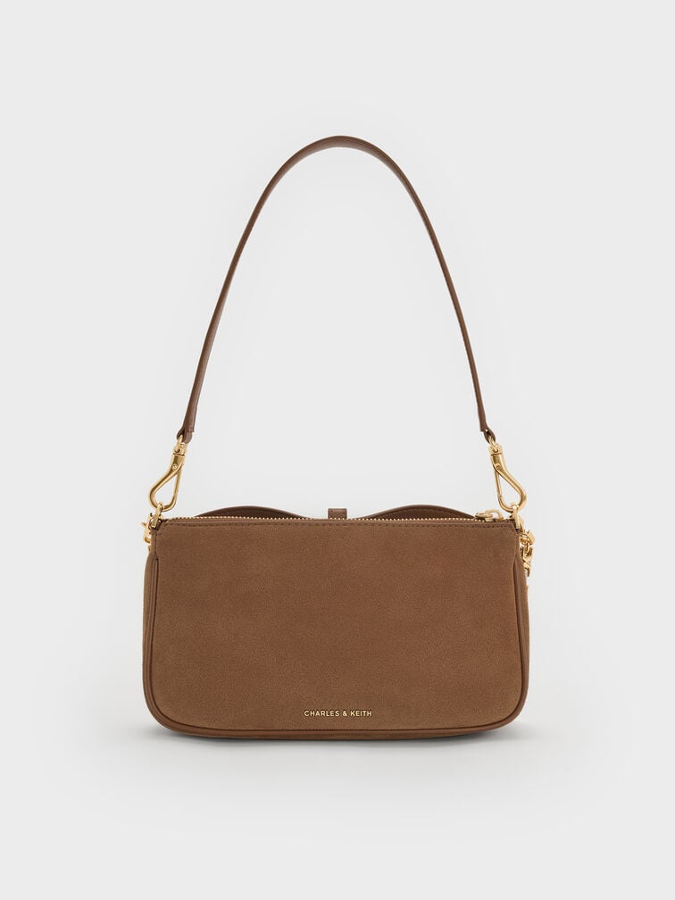 Adalyn Recycled Suede Metallic-Buckle Chain-Handle Shoulder Bag, Mocha Brown, hi-res
