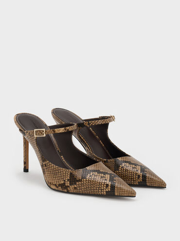 Snake-Print Buckle-Strap Mules, Animal Print Natural, hi-res