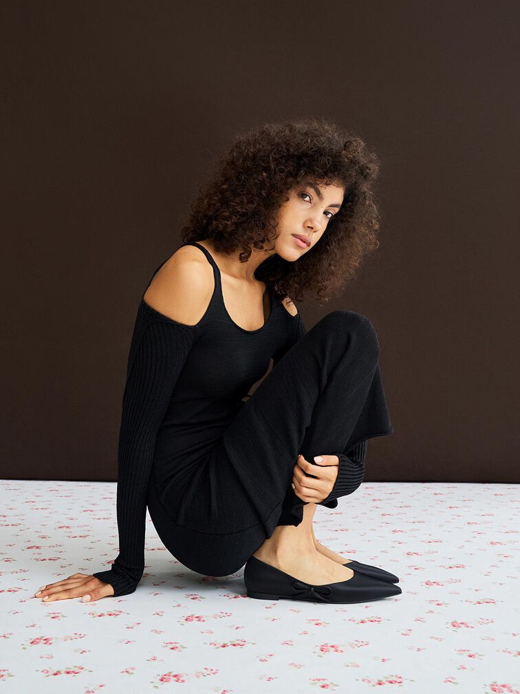 Satin Bow Pointed-Toe Flats, Black Textured, hi-res