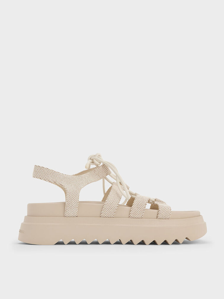 Gladiator Lace-Up Flatform Sandals, Beige, hi-res