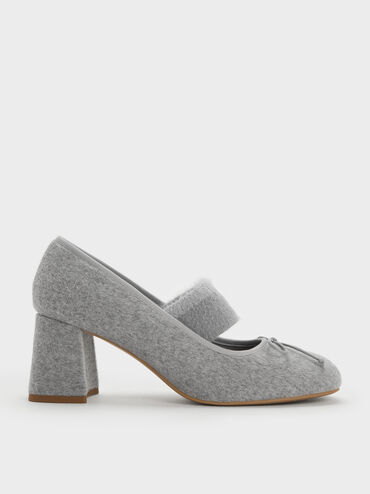 Winona Felt Bow Furry-Strap Mary Jane Pumps, Light Grey, hi-res