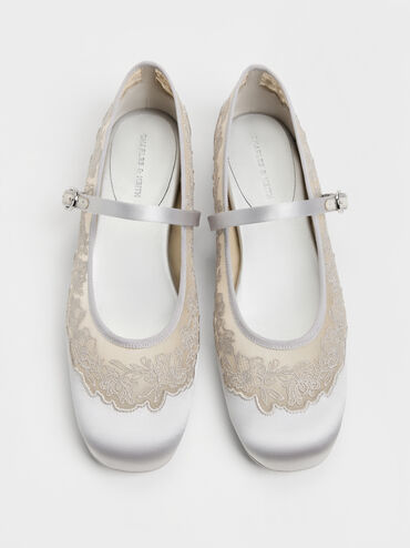 Satin Embroidered-Mesh Mary Jane Flats, Silver, hi-res